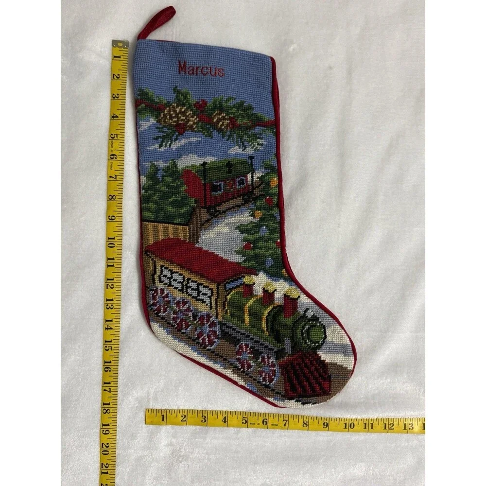 LL BEAN Needlepoint Christmas Stocking Train 100% Wool Front Marcus Holiday